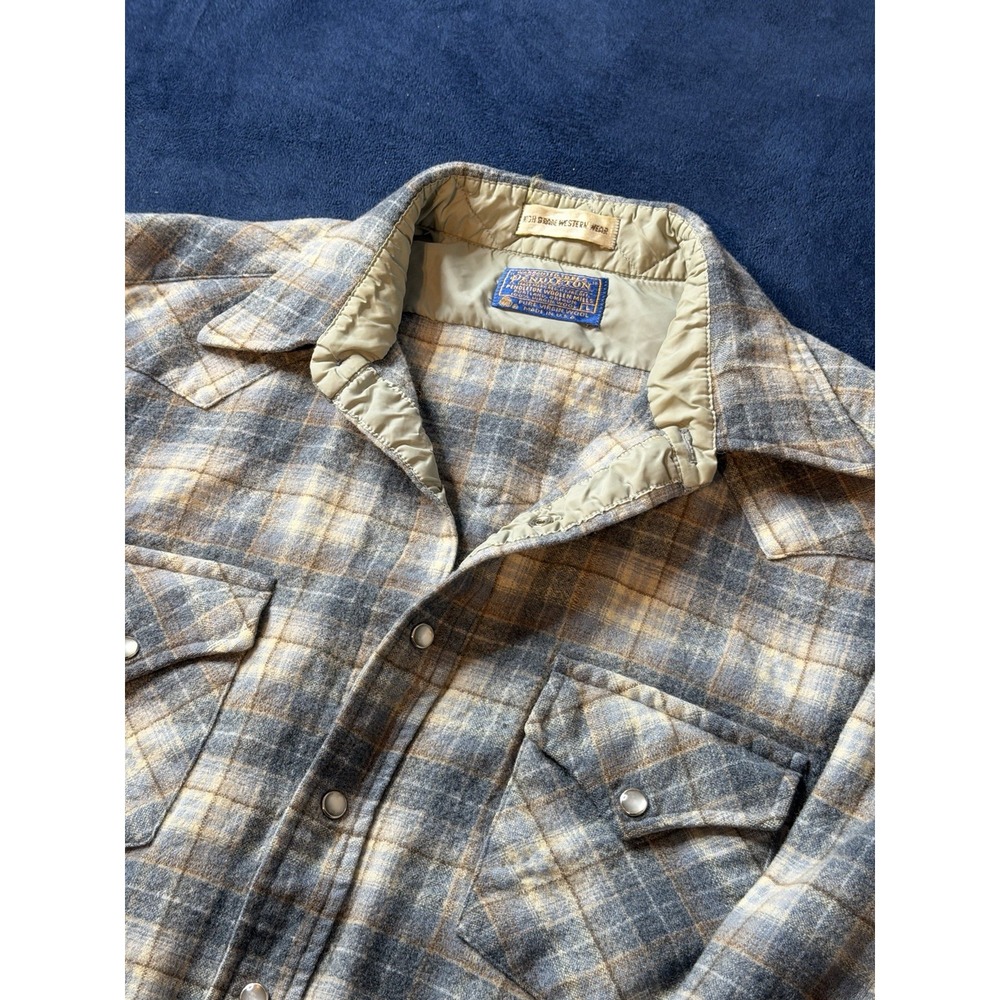 Vtg 80s Pendleton Western Pearl Snap Flannel Mens Sz L Actual M Gray USA Wool